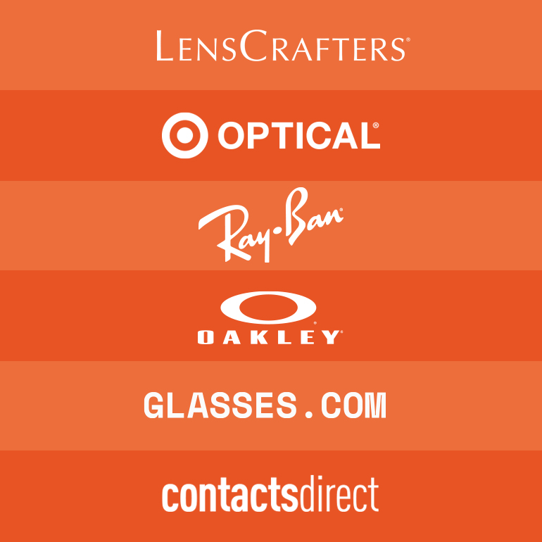 List of online retailer logos: LensCrafters, Target Optical, Ray-Ban, Glasses.com, and Contacts Direct.
