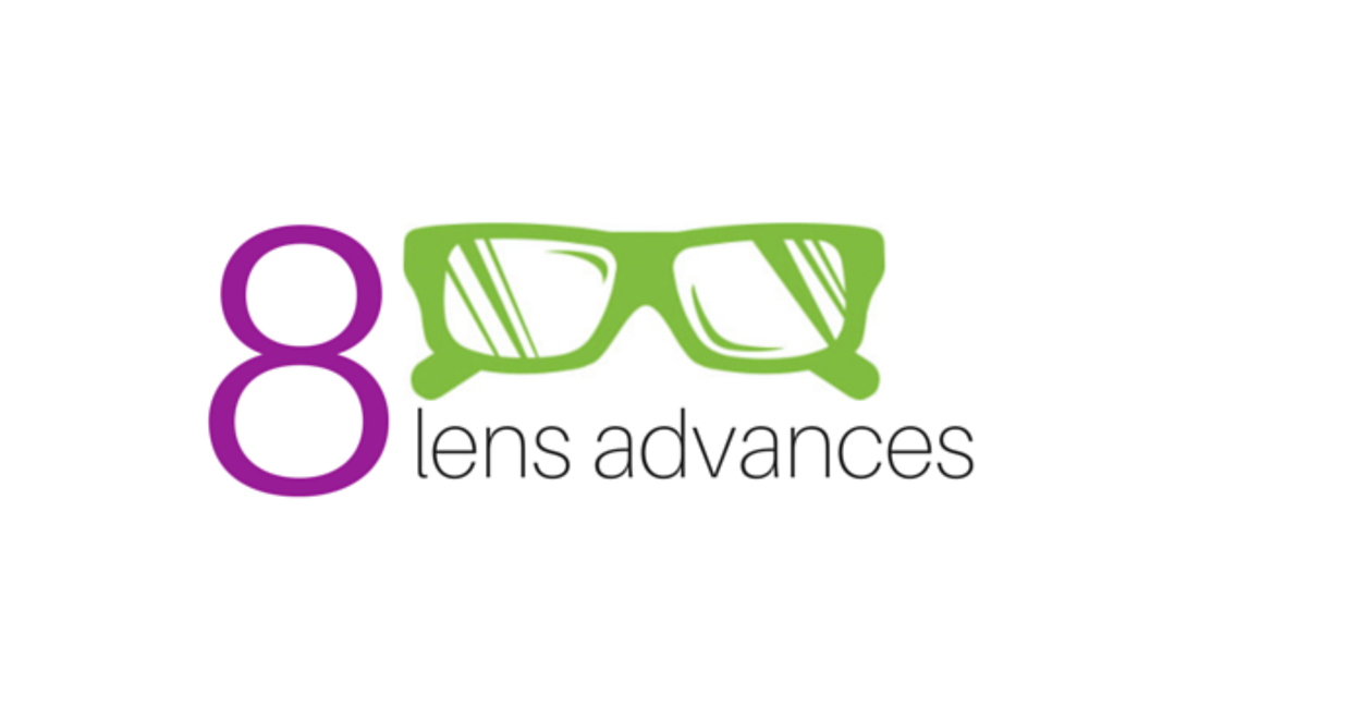Graphic of glasses with text that reads "8 Lens Advances"