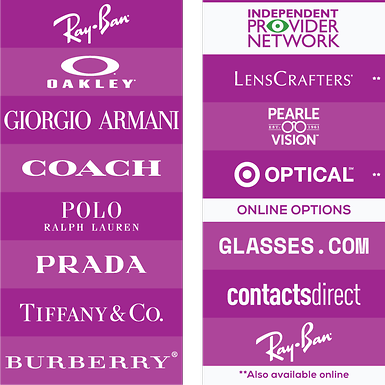 Logo lockup of Ray-Ban, Oakley, Giorgio Armani, Coach, Ralph Lauren, Prada, Tiffany & Co., and Burberry logos on the left. Logos on the right of the image: EyeMed Independent Provider Network, LensCrafters, Pearle Vision, Target Optical, Glasses.com, ContactsDirect, and Ray-Ban. 