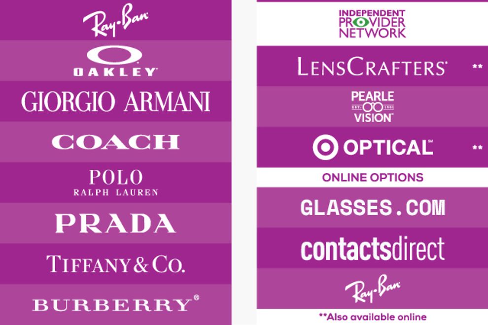 alt="Logo lockup of Ray-Ban, Oakley, Giorgio Armani, Coach, Ralph Lauren, Prada, Tiffany & Co., and Burberry logos on the left. Logos on the right of the image: EyeMed Independent Provider Network, LensCrafters, Pearle Vision, Target Optical, Glasses.com, ContactsDirect, and Ray-Ban. "
